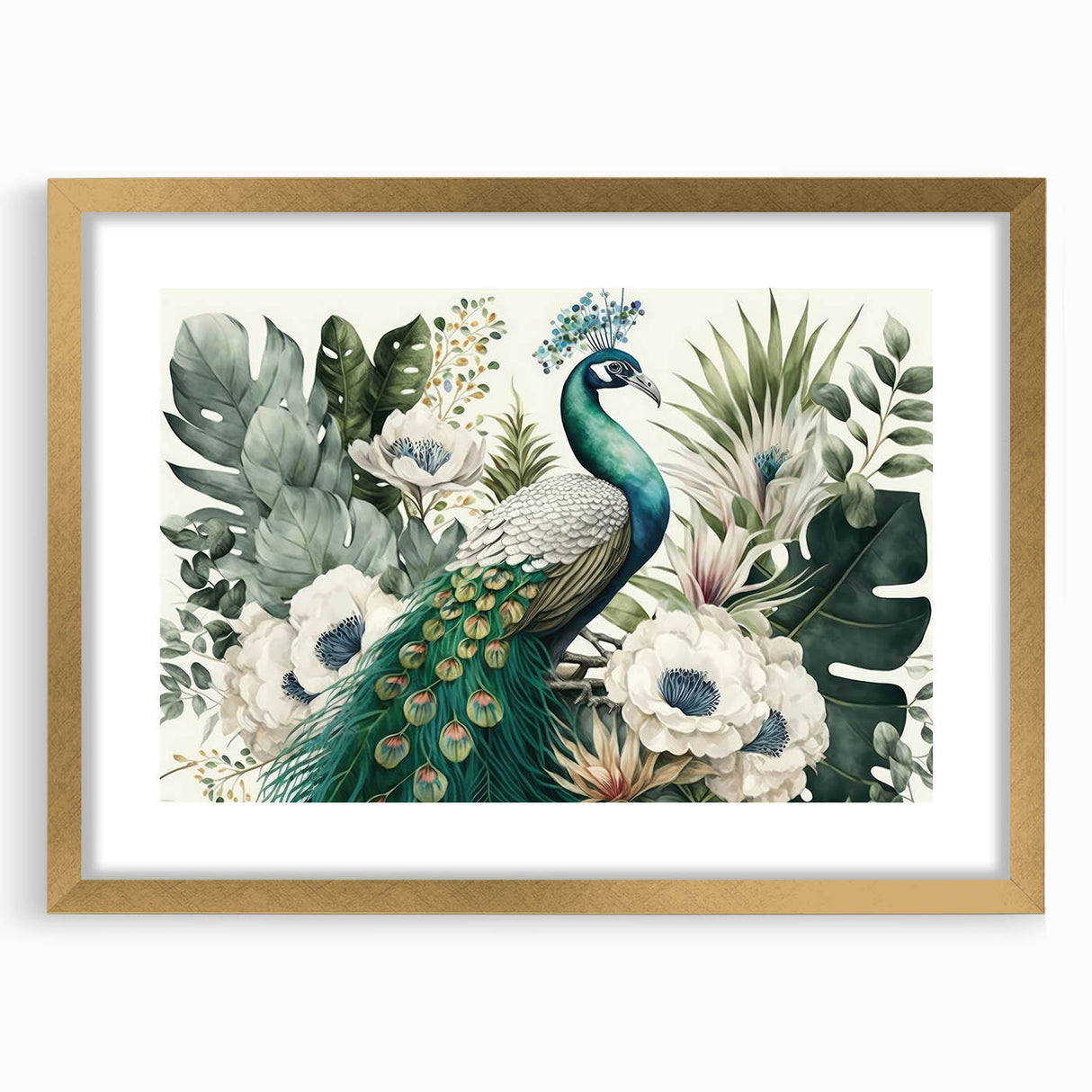Elegant gold-framed wall art featuring a vibrant peacock design, showcasing intricate details and vivid colors, perfect for enhancing home decor aesthetics.