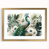 Elegant gold-framed wall art featuring a vibrant peacock design, showcasing intricate details and vivid colors, perfect for enhancing home decor aesthetics.