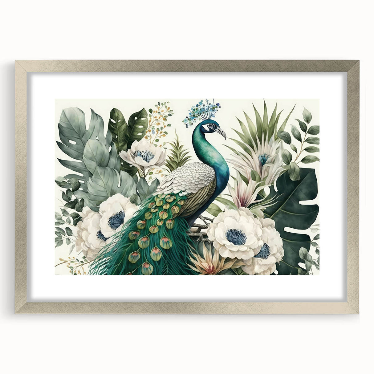 Framed wall art featuring an intricate peacock design in vibrant colors, accented with a silver mat, perfect for adding elegance to any room's decor.