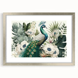 Framed wall art featuring an intricate peacock design in vibrant colors, accented with a silver mat, perfect for adding elegance to any room's decor.