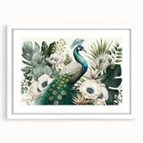 Peacock design wall art framed in white mat, showcasing vibrant colors and intricate details, perfect for home decor and adding a touch of elegance.