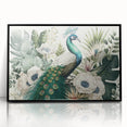 Framed acrylic wall art showcasing a vibrant peacock design with intricate details, set against a sleek black frame, perfect for enhancing modern home decor.