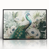 Framed acrylic wall art showcasing a vibrant peacock design with intricate details, set against a sleek black frame, perfect for enhancing modern home decor.