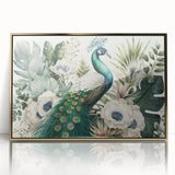 Framed wall art featuring an elegant peacock design in vibrant colors, with a gold-accented acrylic front, perfect for enhancing modern home decor.