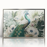 Framed wall art featuring an elegant peacock design in vibrant colors, set in a sleek silver frame, perfect for adding a touch of sophistication to any space.