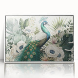 Framed wall art showcasing a vibrant peacock design with intricate details in shades of blue and green, presented in a sleek white frame, ideal for home decor.