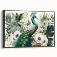 Framed canvas wall art showcasing a vibrant peacock design in rich colors, set against a sleek black frame, ideal for modern home decor. Perfect for adding a touch of elegance and wildlife-inspired charm to living spaces.