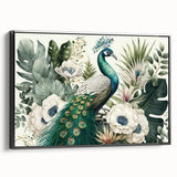 Framed canvas wall art showcasing a vibrant peacock design in rich colors, set against a sleek black frame, ideal for modern home decor. Perfect for adding a touch of elegance and wildlife-inspired charm to living spaces.