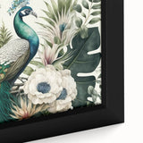 Close-up of a framed canvas wall art featuring a vibrant peacock design with intricate details and rich colors, perfect for enhancing home decor.