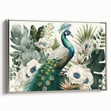 Framed canvas wall art showcasing a vibrant peacock design with intricate details in blue and green hues, set against a silver frame, perfect for enhancing home decor.