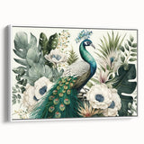 Framed wall art featuring a vibrant peacock design on a textured canvas, displayed against a white background, ideal for enhancing modern home decor.