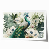 Vibrant peacock-themed wall art print showcasing intricate feather details and rich colors, rolled for easy shipping and display in any decor setting.