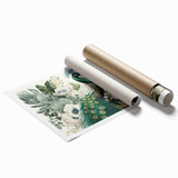 Vibrant peacock-themed wall art print featuring intricate feather designs in rich blues and greens, rolled and ready for framing, ideal for home decor.