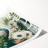 Vibrant peacock design wall art print showcasing intricate details and rich colors, perfect for home decor. Ideal for art enthusiasts looking to enhance their space.