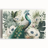 Vibrant peacock design wall art printed on stretched canvas, showcasing intricate feather details and rich colors, perfect for enhancing modern home decor.