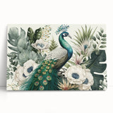 Vibrant peacock-themed wall art design on stretched canvas, showcasing intricate details and rich colors, perfect for enhancing home decor aesthetics.