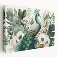 Vibrant peacock design stretched canvas wall art showcasing intricate feathers in rich blues and greens, perfect for adding elegance to any room decor.
