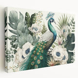 Vibrant peacock design stretched canvas wall art showcasing intricate feathers in rich blues and greens, perfect for adding elegance to any room decor.
