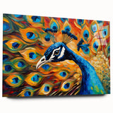 Vibrant acrylic wall art showcasing an elegant peacock design, displayed in a side view without pins, ideal for adding a touch of nature-inspired décor to modern interiors.