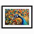Framed wall art featuring an intricate peacock design in vibrant colors, set in a sleek black frame with a mat, ideal for enhancing modern decor.