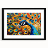 Framed wall art featuring an intricate peacock design in vibrant colors, set in a sleek black frame with a mat, ideal for enhancing modern decor.