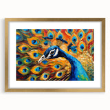 Vibrant wall art featuring a peacock design in gold frame, showcasing intricate details and elegant matting, perfect for enhancing home decor in any setting.