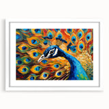Elegant peacock design wall art in a white frame with matting, showcasing vibrant colors and intricate detailing, perfect for enhancing modern decor.