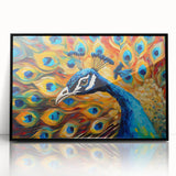 Framed wall art featuring a vibrant peacock design with intricate detailing, set in a sleek black frame, ideal for adding a touch of elegance to home decor.