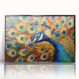 Framed wall art featuring a vibrant peacock design, with intricate details in gold and blue tones, elegantly displayed in a contemporary setting. Perfect for adding a touch of luxury to home decor.