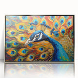 Framed wall art featuring an intricate peacock design in vibrant colors, elegantly set in a silver frame, perfect for enhancing modern decor. Ideal for art lovers seeking unique home accents.
