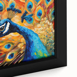 Close-up of a vibrant peacock design wall art piece, featuring rich colors and intricate details, framed elegantly for home decor enhancement. Perfect for adding a touch of elegance to any room.