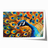 Vibrant peacock design wall art print showcasing intricate feather patterns in rich blues and greens, rolled for easy framing and display. Perfect for home decor.