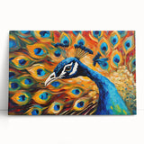 Vibrant peacock design wall art on stretched canvas, showcasing intricate feather details and rich colors, ideal for enhancing home decor with a touch of elegance.