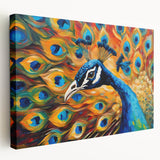 Stretched canvas wall art showcasing a vibrant peacock design with intricate details and rich colors, perfect for adding elegance to home decor.