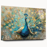 Vibrant acrylic wall art showcasing a stunning peacock design, displayed in a side view with visible mounting pins, perfect for enhancing any living space decor.