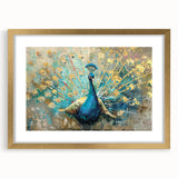 Elegant wall art featuring a detailed peacock design in vibrant colors, framed in gold with a mat, perfect for enhancing home decor and adding a touch of luxury.