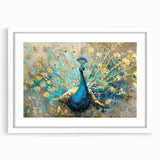 Peacock design wall art in a white frame with a mat, showcasing vibrant colors and intricate details, perfect for enhancing home decor and aesthetics.