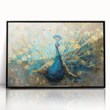 Framed wall art showcasing a vibrant peacock design with intricate details, set in an elegant black frame against a neutral backdrop, perfect for enhancing home décor.