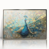 Framed wall art featuring an elegant peacock design in vibrant colors, set in a sleek silver frame, perfect for modern home decor. Ideal for adding a touch of sophistication to living spaces.