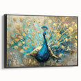 Framed wall art featuring a stunning peacock design on canvas, showcasing vibrant colors and intricate details, with a sleek black frame that enhances its elegance. Perfect for adding a touch of nature-inspired beauty to any home decor.