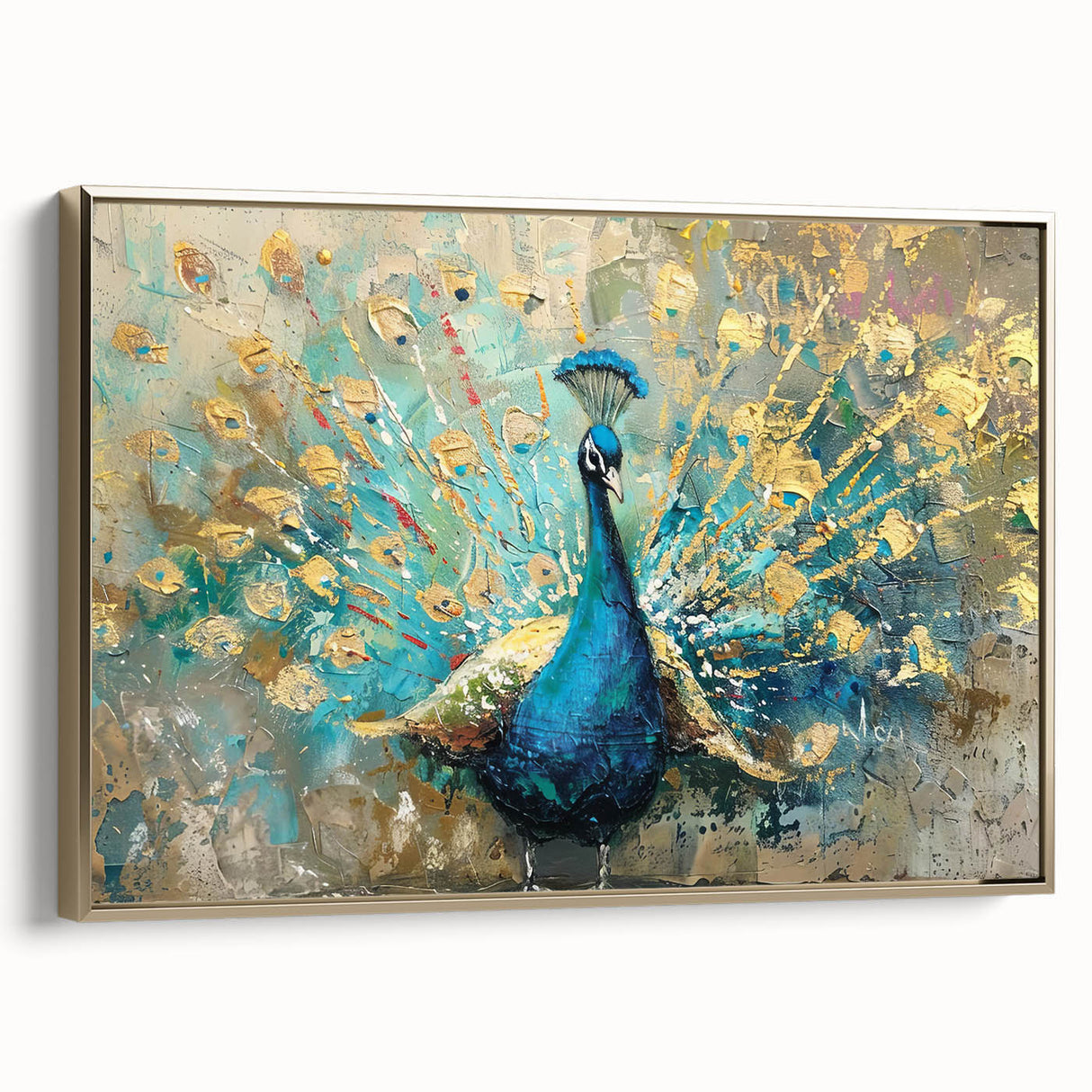 Framed canvas wall art showcasing a vibrant peacock design adorned with gold accents, perfect for enhancing modern decor with a touch of elegance. The piece captures intricate details and rich colors, making it a stunning focal point for any room.