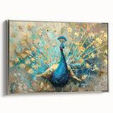 Framed wall art showcasing an elegant peacock design in vibrant colors, featuring intricate detailing on a textured canvas with a silver frame, perfect for enhancing home decor.