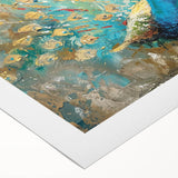 Vibrant peacock design on rolled canvas wall art, showcasing intricate feather patterns in blue and green tones, ideal for adding elegance to any room decor.