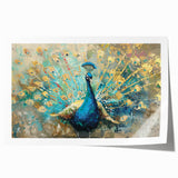 Vibrant rolled wall art print featuring a stunning peacock design in rich blues and greens, showcasing intricate details and textures, perfect for home decor.