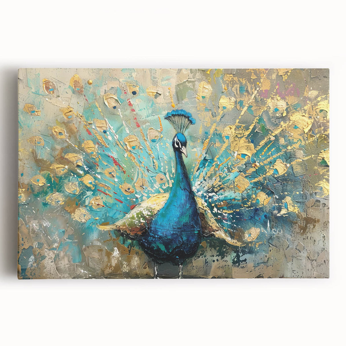 Vibrant peacock design wall art on stretched canvas, showcasing intricate feather details and rich colors, perfect for enhancing modern decor.