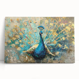 Vibrant peacock-themed wall art design on stretched canvas, showcasing rich blues and greens, perfect for adding elegance to modern home decor.