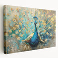 Vibrant peacock-themed stretched canvas wall art showcasing intricate feather details in rich blue and green hues, ideal for enhancing any living space decor.