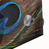Close-up of a vibrant peacock design wall art piece, crafted from acrylic glass, showcasing intricate details and rich colors, perfect for enhancing any room's decor.