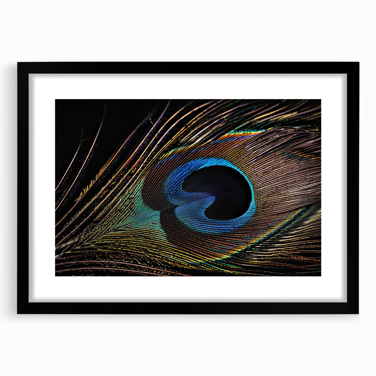 Black-framed wall art collection featuring an intricate peacock design, perfect for adding a colorful touch to home decor. Ideal for bird lovers and art enthusiasts.
