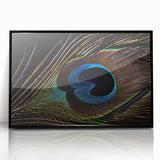 Framed wall art featuring a vibrant peacock design with intricate patterns, displayed in a sleek black frame, perfect for adding elegance to any decor.
